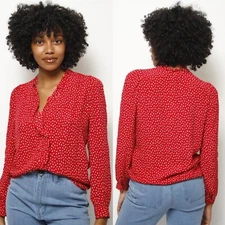 ROLLA’S Size M Lily Blouse Ruffle Trim Long Sleeve Red Pink Mini Tulip Print