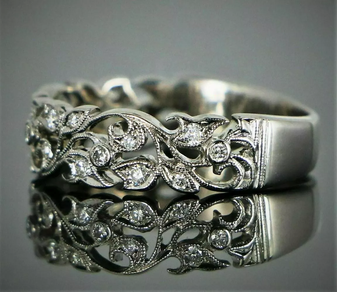 Vintage Filigree Art Deco Diamond Wedding Band Ring White Gold