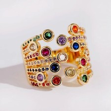 WIDE ADJUSTABLE GOLD Rainbow Ring Multi Stone Statement  Pouch