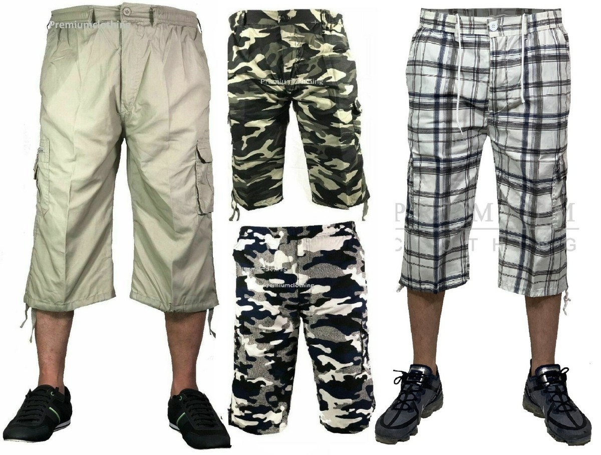 Mens 3/4 Long Length Elasticated Shorts Waist Cargo Combat Mens 3/4 Long Length Elasticated Shorts Waist Cargo Combat
