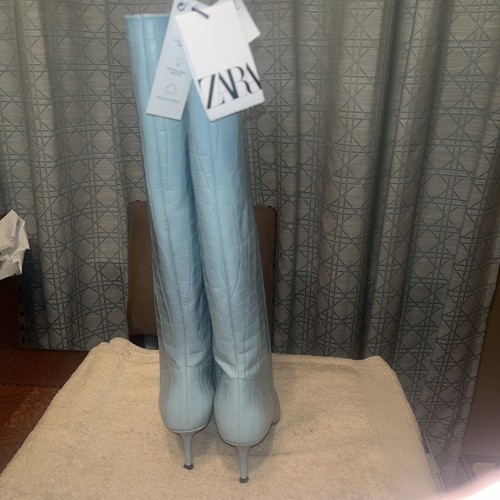 Zara Light Blue Mock Croc Leather High Heel Knee High Boots EU38 US 7.5 New - Picture 3 of 4