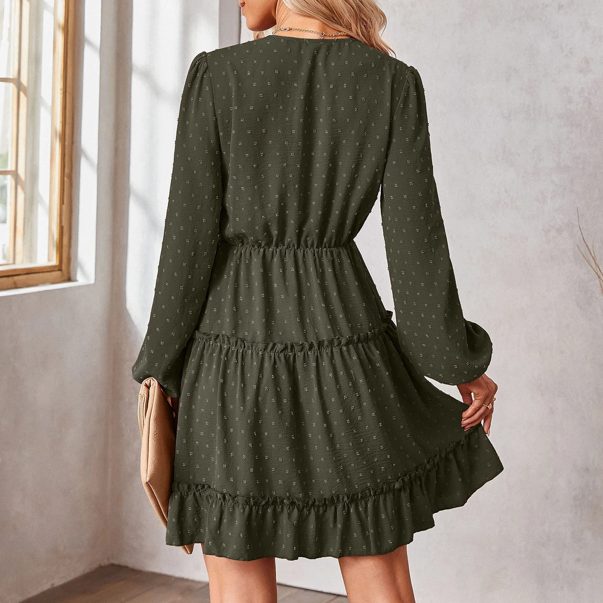 OD Green XL)Women Flowy Midi Dress Long Lantern Sleeves Dot Fabric V Neck  SG5 | eBay