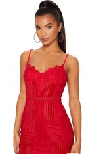 NWT Pretty Little Thing  Red Strappy Lace Velvet Insert Bodycon Dress Size 2