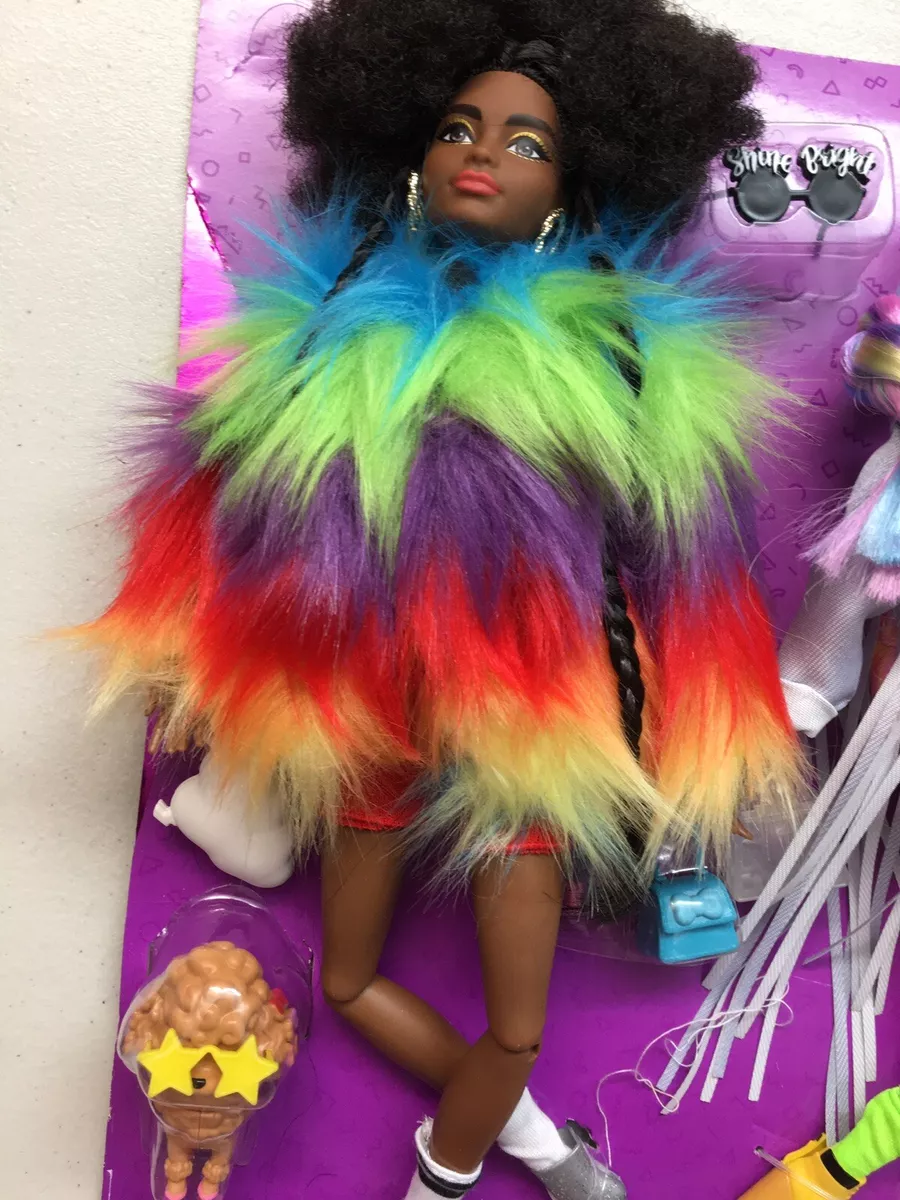 Barbie Extra Doll 1 Furry Rainbow Coat Pet Poodle Brunette Afro