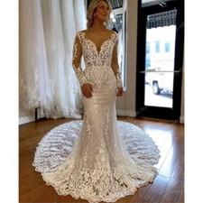 Glitter Lace Mermaid Wedding Dresses V-Neck Long Sleeves Applique Bridal Gowns