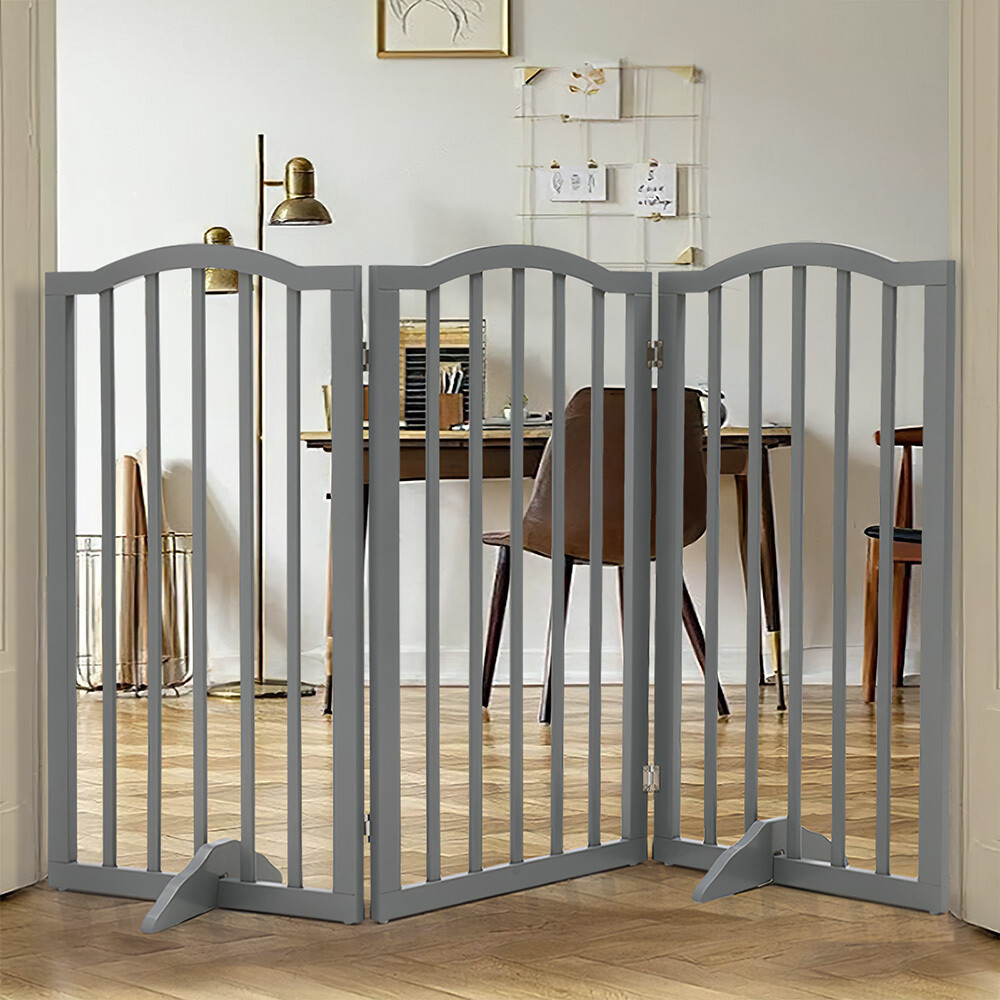 Grey Folding Pet Gate Freestanding Wooden Dog Fence Safety Barrier Divider