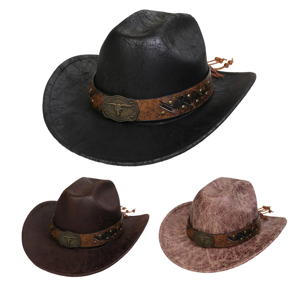 Women Men Leather Western Hat Cowboy Hat Cowgirl hat Wide Brim Hat with Lanyard