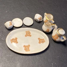 Miniature Tea Set With Teddy Bear Design Gold Rim 9 Piece Set Dollhouse Size