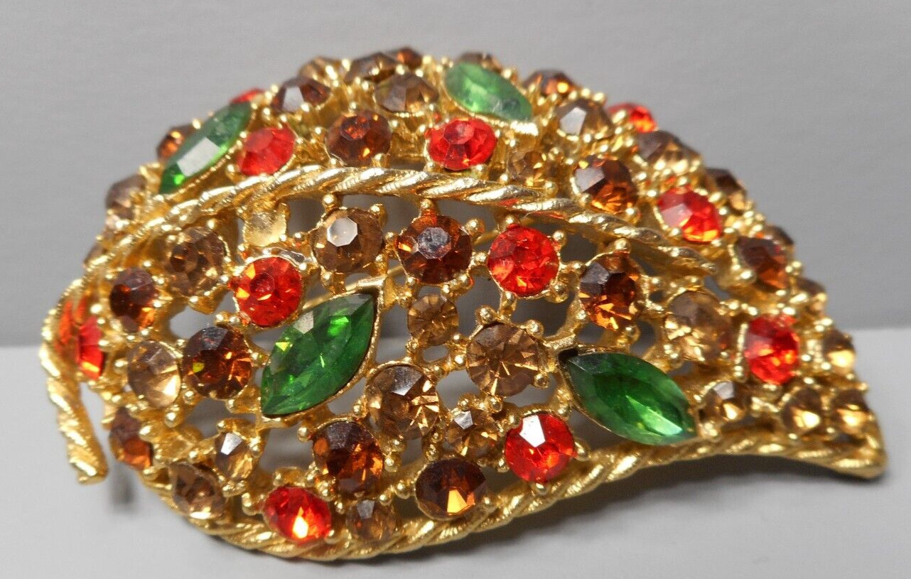 Fall Leaf Brooch Pin Multicolored Rhinestones 2 1… - image 3