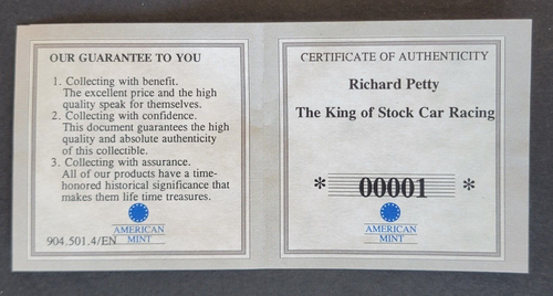 Rare American Mint Richard Petty Proof Coin - 5th Daytona Win - LOW COA #00001 - Picture 2 of 4
