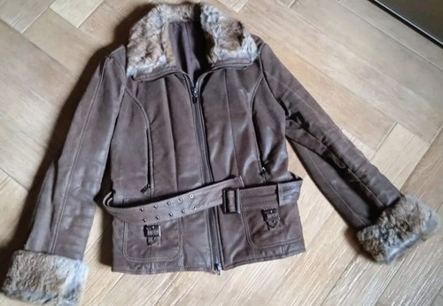 Giacca imbottita in pelle marrone con risvolti in vera pelliccia donna Tg.42 - Foto 4 di 11