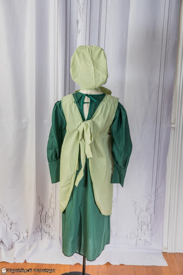 Disfraz de niña escolar verde 1800 talla mediana 8-10 vestido delantal pionero capó Foto 4 de 4