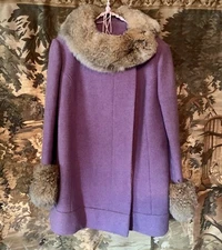 Vintage MCM Abraham & Straus womens Purple Wool fox fur coat mod sculptural Boho