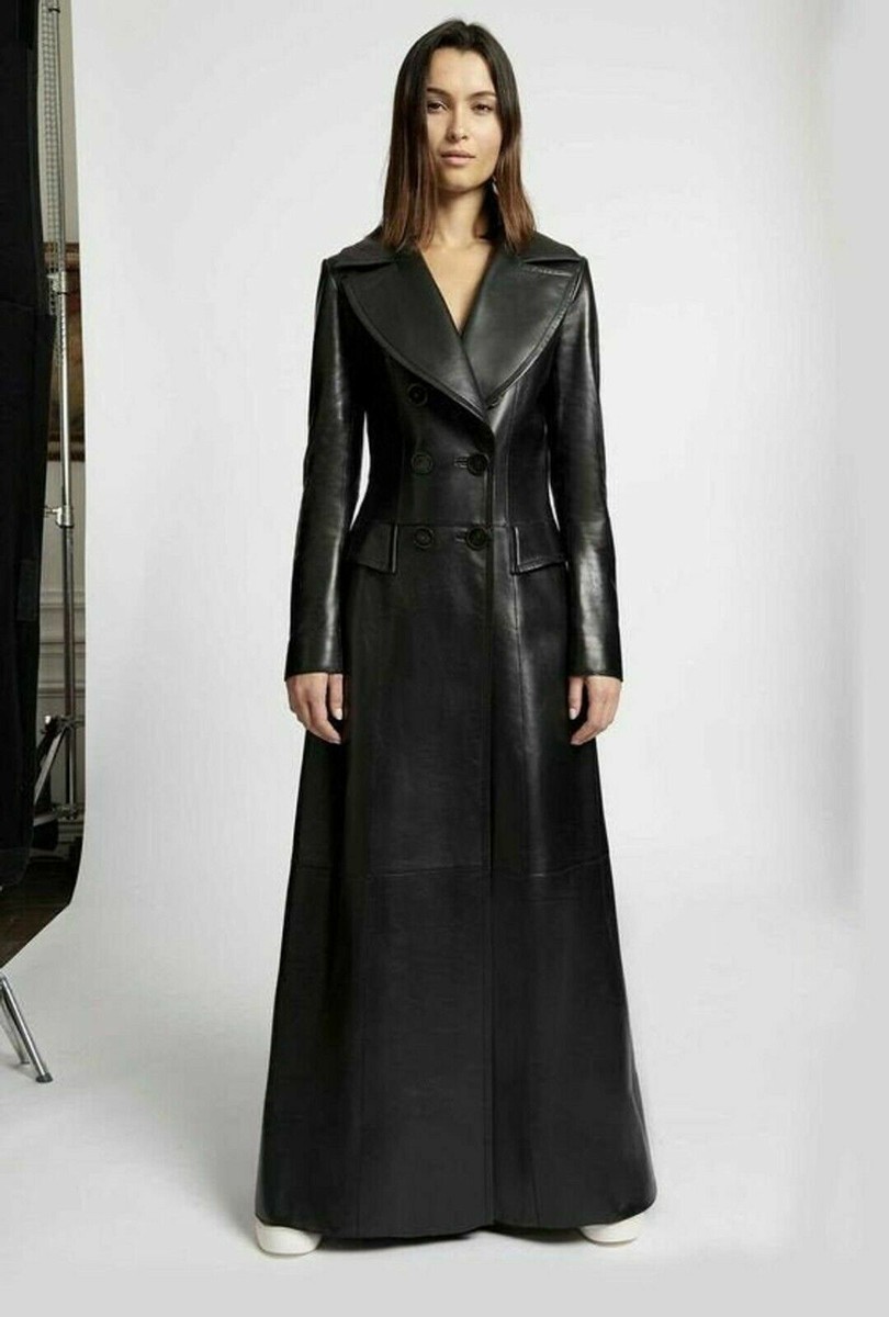Women Genuine Biker Trench Coat Black Real Leather Long Coat 