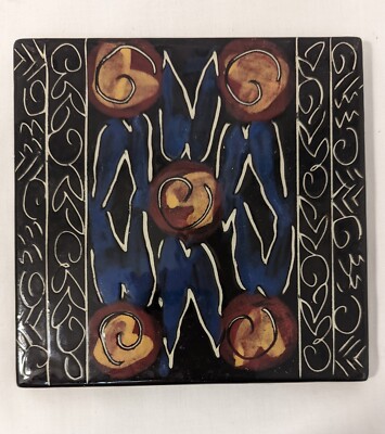 Ceramic Art Tile  trivet  Painting 6x6  Abstract SIGNES floral navy ART DECO