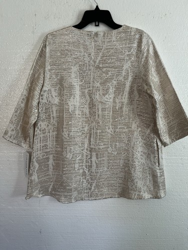 Caroline Rose Ivory Metallic Gold Tunic Top 3/4 Slv Hi Low Hem Size S NWT $348 - Picture 4 of 14