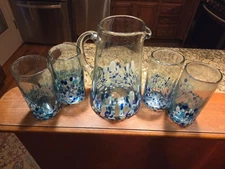 Beautiful Handblown Confetti Glass Set Of 4 16oz Drinking Glasses and Pitcher