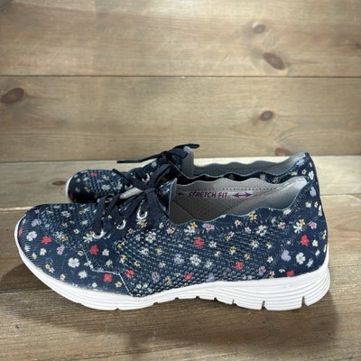 skechers seager stretch fit womens size 7 shoes blue floral wlaking sneakers