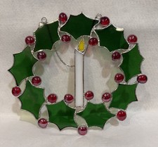 Christmas Sun Catcher Stained Glass Wreath Holly Berry  Candle Holiday Window
