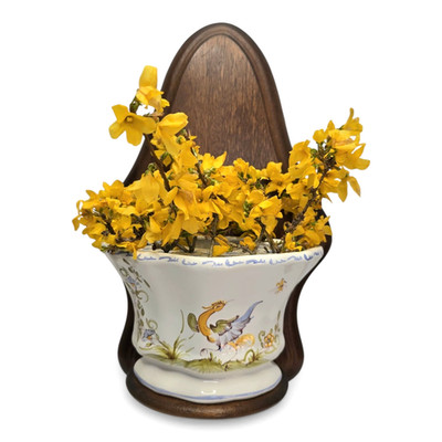 Vintage Moustiers Sainte Marie Faience Wall Pocket Vase & Oak Stand Signed ,1960