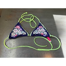 Victorias Secret Floral Triangle Bikini Top Navy Neon Green Trim Medium