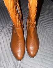 Girls Brown Western Pull-On Mid-Calf Embroidered Block Heel Boots Size 9