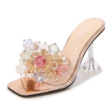 Women's Crystal Flower Clear PVC Slippers High Heels Sandals Mules Slides Lady's