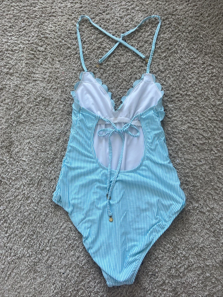 Traje de baño Jessica Simpson de una pieza para mujer talla M cuello festoneado azul a rayas Foto 2 de 4