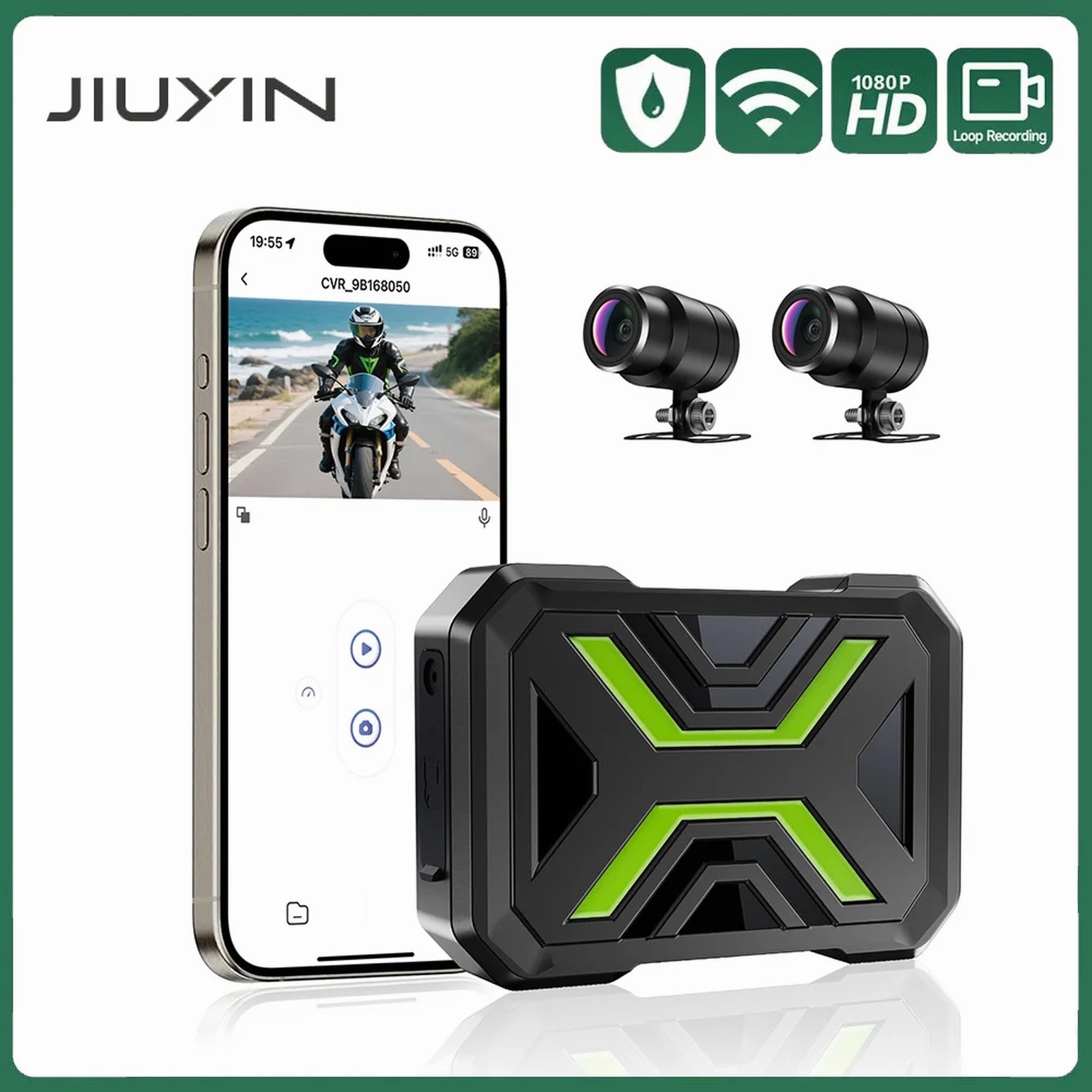 JIUYIN Dual Motorcycle DVR 1080P Front Rear Dash Cam, IP67 Waterproof, Night V