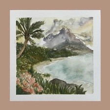 Watercolour Landscape Seascape Beach Palm Tree Mountains on Paper Unframed