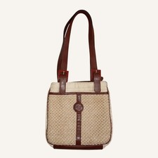 Vintage Woven Handbag With Leather Handle And Trim