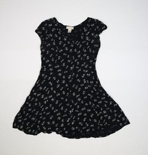 Out of Gypsies Dress Womens Small Black Floral Cap Sleeve Button Front Rayon