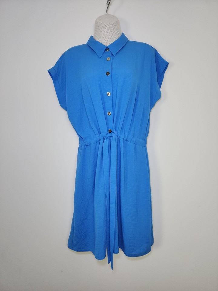 New Look Blue Drawstring Waist Short Sleeve Shirt Dress with Pockets Size 16