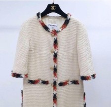 CHANEL 07A TWEED METALLIC BRAIDED TRIM CC LOGO BUTTON LONG JACKET COAT FR46 14