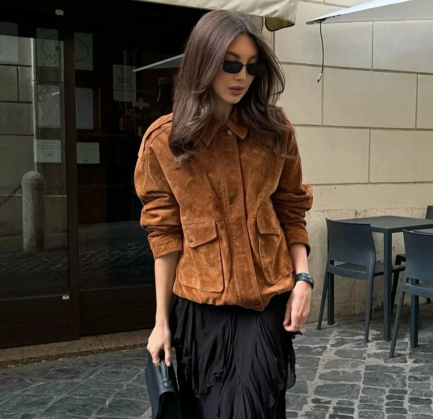 ZARA NEW WOMAN 100% SUEDE BOMBER JACKET WITH POCKETS DARK CAMEL 4341/871/751 - Image 2 of 4