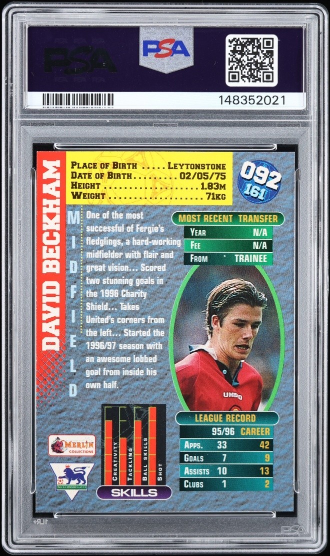 Look Nicer! David Beckham 1996-97 Merlin Premier Gold #92 PSA 8 Rookie ManUtd. view 2
