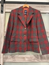Vintage Gap Plaid Wool Blazer Career Preppy Academic Red Gray Med