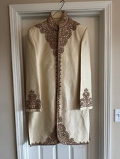 Men Wedding Jacket Sherwani Indian Pakistani Cream With Red Embroidery Size L
