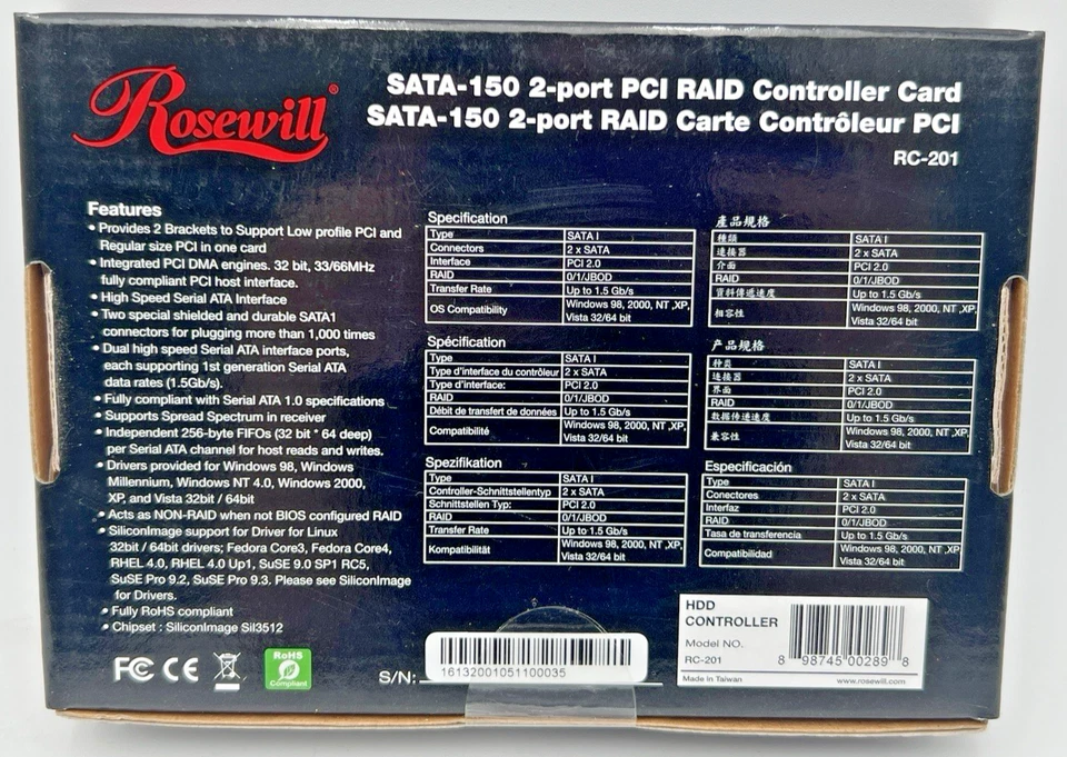 (2) ROSEWILL RC-201 SATA-150 PCI RAID CONTROLLER CARD 2-PORT - Image 3 of 4