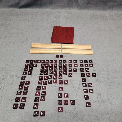 Set of 100 Maroon/Burgundy Wooden Scrabble Tiles w/White Letters-Holders - Picture 2 of 2