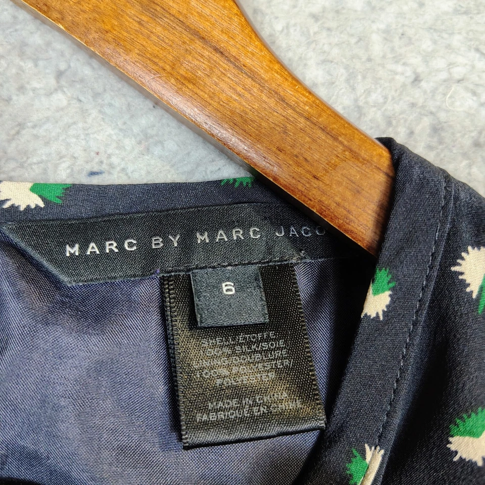 Vestido Marc By Marc Jacobs Para Mujer 6 Negro Estampado 100% Seda Manga Corta Cambio Foto 4 de 4