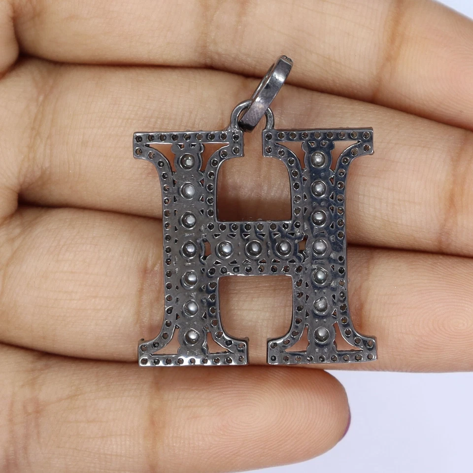Natural diamond & Natural Pearls 925 sterling silver Handmade H letter pendant - Image 4 of 4