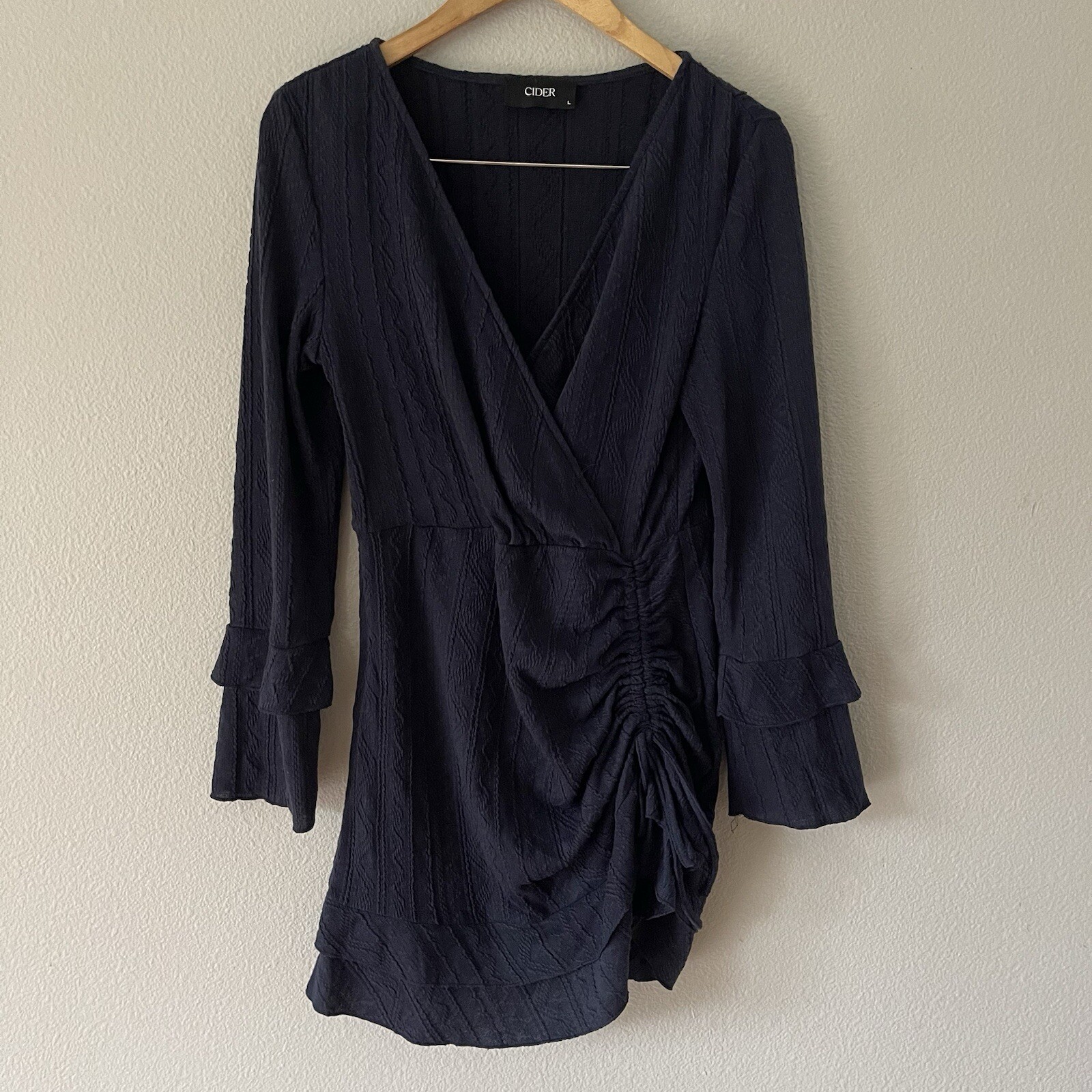 Cider Woven Solid V-Neck Ruched Drawstring Navy B… - image 1