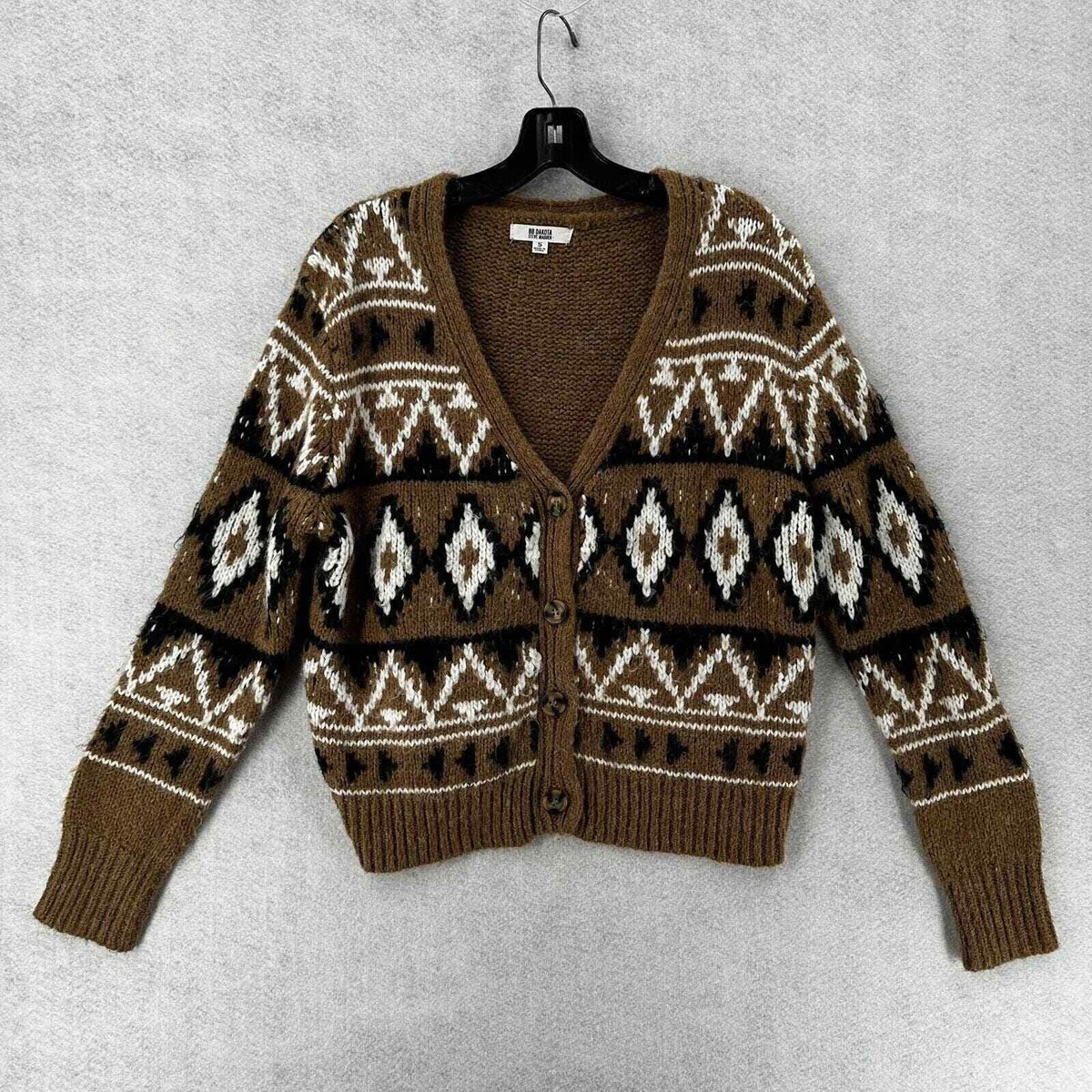 BB Dakota Cropped Cardigan Sweater SMALL All Over Print Boho Button Up FUZZY