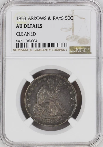 1853 Arrows & Rays Seated Liberty Half Dollar NGC AU Details Cleaned
