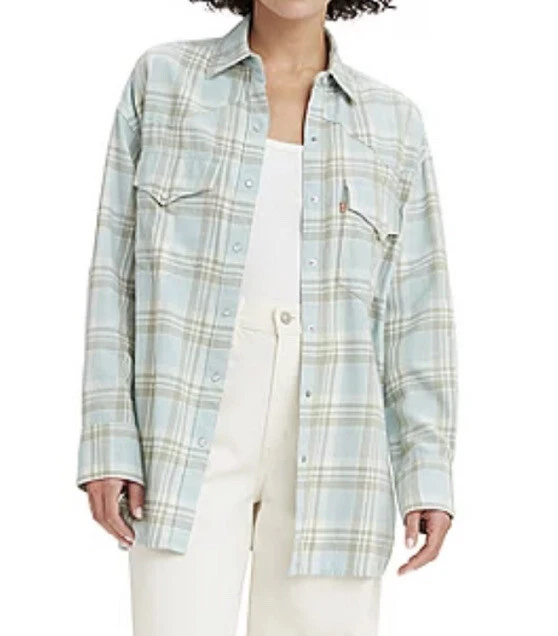 Women s Levi s Dylan Relaxed Western Top Blue Plaid FLANNEL Long Sleeves Shirt S