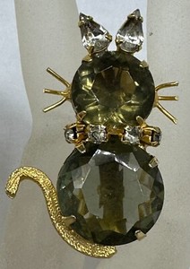 Authentic VINTAGE ESTATE GOLD PLATED SMOKY QUARTZ CRYSTAL BROOCH PIN CAT KITTEN