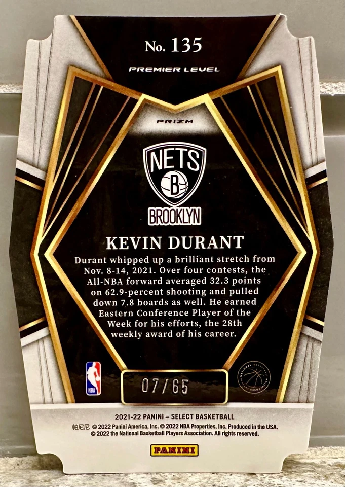JERSEY # MATCH! 2021-22 Select Premier Level Die-Cut Kevin Durant 7/65! (1/1)! - Image 2 of 3