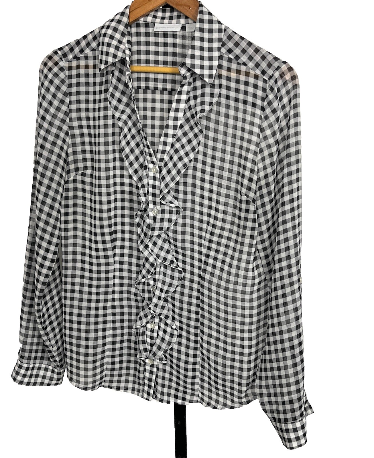 NY & Co Long Sleeve Ruffle Check Blouse - Romantic Small Fit