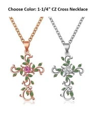 Choose Color CROSS with LEAVES 1-1/4" x 13/16" Metal Pendant 18" Necklace